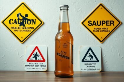 Lejárt sörpalack és figyelmeztető táblák az egészségügyi kockázatokról.