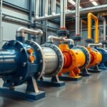 Membránszivattyúk ipari környezetben, különböző színekben és méretekben.