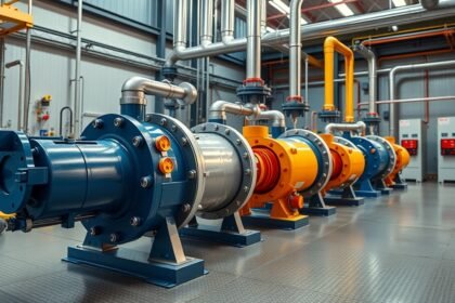 Membránszivattyúk ipari környezetben, különböző színekben és méretekben.