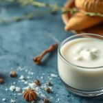 Kaukázusi kefir pohár friss ételekkel és fűszerekkel