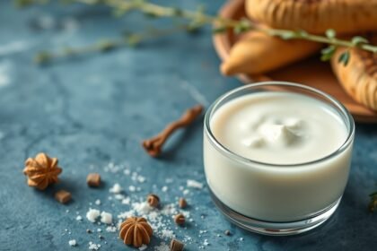 Kaukázusi kefir pohár friss ételekkel és fűszerekkel