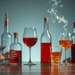 Különböző alkoholos italok és egy nő az asztalon, reflektálva az alkohol hatásaira.