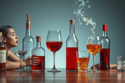 Különböző alkoholos italok és egy nő az asztalon, reflektálva az alkohol hatásaira.