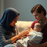 Család együtt a babával, szülés utáni depresszió tüneteinek kezelése.