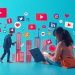 Közösségi média ikonok és digitális kapcsolatok illusztrációja.