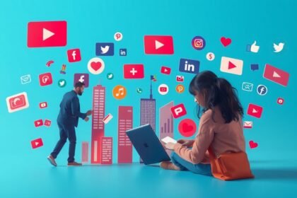 Közösségi média ikonok és digitális kapcsolatok illusztrációja.