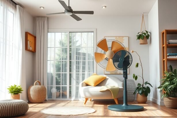 Modern szoba klímával és ventilátorral, kényelmes hűtést biztosítva.