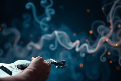 Egy kéz gitározás közben, zenei hullámokkal a háttérben.