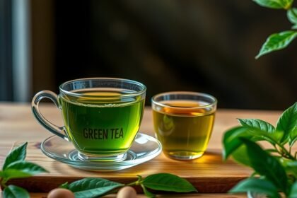 Zöld tea csészék friss levelekkel, antioxidánsokkal gazdagítva