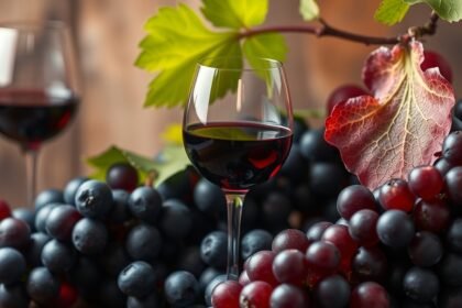 Pohár vörösbor szőlőkkel és levelekkel a háttérben