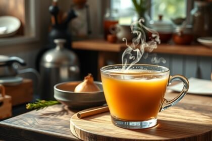 Gőzölgő hagyma tea egy pohárban, természetes gyógymód megfázásra