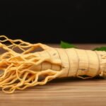 Szibériai ginzeng gyökér a faasztalon, zöld levelek társaságában.