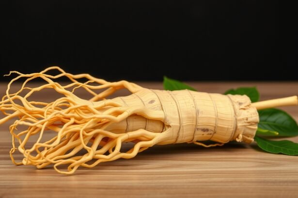 Szibériai ginzeng gyökér a faasztalon, zöld levelek társaságában.