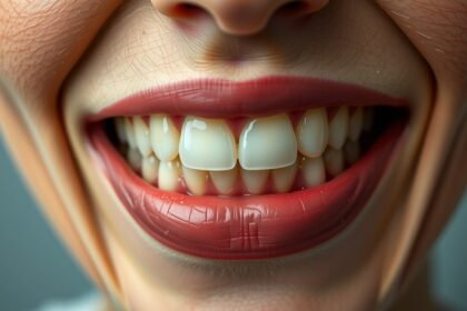 Mosolygó emberi arc, fehér fogakkal és egészséges ínyekkel.