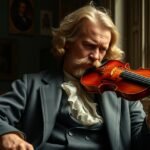 Johannes Brahms stílusában hegedülő zenész klasszikus környezetben.
