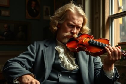Johannes Brahms stílusában hegedülő zenész klasszikus környezetben.