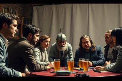 A Képzelt riport főszereplőinek összejövetele a színházban.