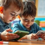 Két fiú okostelefonnal tanul egy asztalnál.