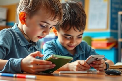 Két fiú okostelefonnal tanul egy asztalnál.