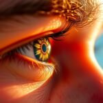 Közeli kép egy szemről, virág motívummal a pupillában.