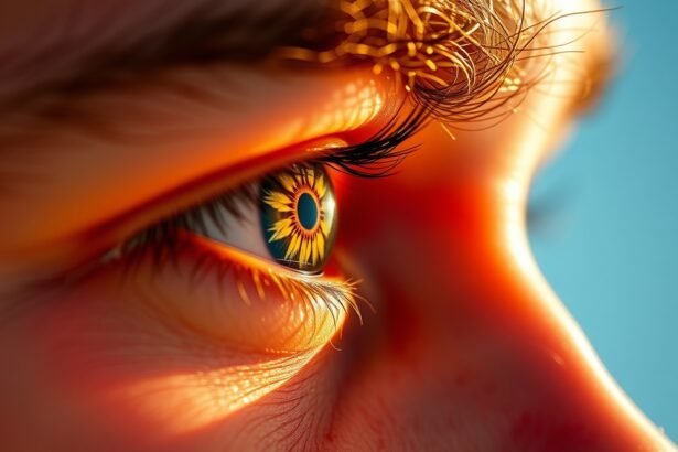 Közeli kép egy szemről, virág motívummal a pupillában.