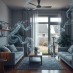 Modern otthoni környezet füst és veszélyes gázok jeleivel.