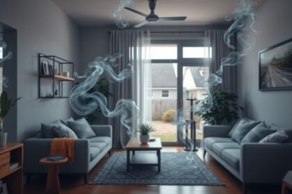 Modern otthoni környezet füst és veszélyes gázok jeleivel.