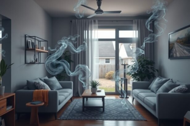 Modern otthoni környezet füst és veszélyes gázok jeleivel.