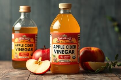 Almaecet üveg és friss alma, egészségügyi előnyökkel.