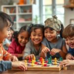 Gyerekek társasjátékoznak, fejlesztve szociális készségeiket.