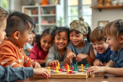 Gyerekek társasjátékoznak, fejlesztve szociális készségeiket.