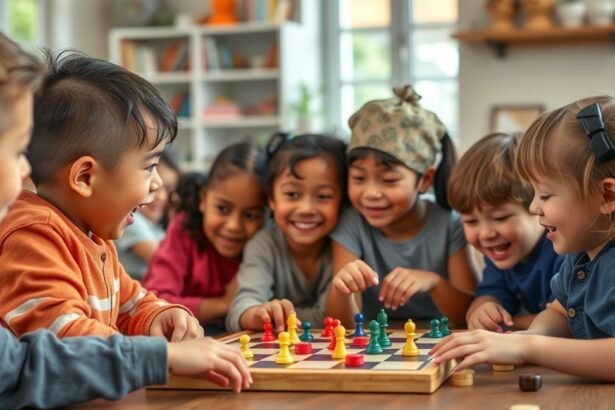 Gyerekek társasjátékoznak, fejlesztve szociális készségeiket.