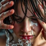 Női arc víz alatt, bőrápolási problémák szimbolizálása.