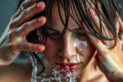 Női arc víz alatt, bőrápolási problémák szimbolizálása.