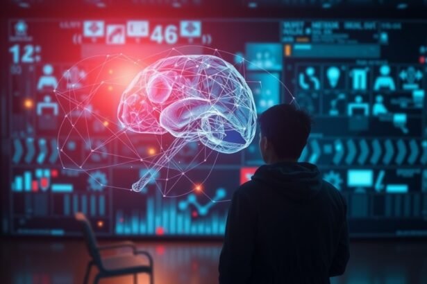 Emberi agy 3D modellt bemutató személy WiFi sugárzásról szóló háttérrel.