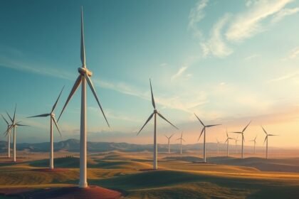 Szélerőművek tájképe tiszta energia termelés közben