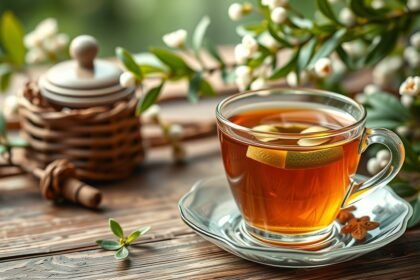 Hársfa tea citromszeletekkel, természetes frissesség az egészségért.