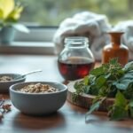 Friss gyógynövények és egészséges ételek egy asztalon