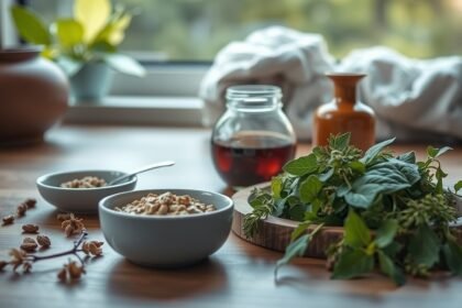 Friss gyógynövények és egészséges ételek egy asztalon