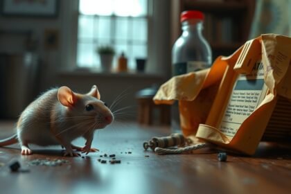 Egerésző egér és egérméreg a háztartásban, veszélyes helyzet.