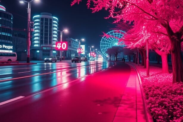 Infravörös fényben világító városi táj éjszaka.