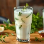 Friss ayran egy pohárban, gyógynövényekkel díszítve.