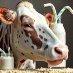 Tehén tejjel és üvegekben, egészségi előnyökkel