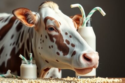 Tehén tejjel és üvegekben, egészségi előnyökkel