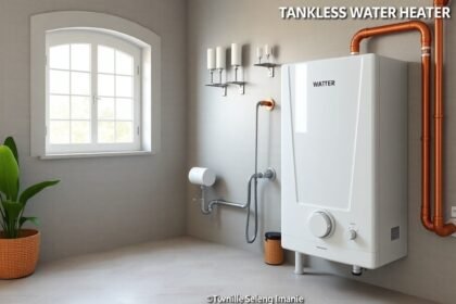 Átfolyós vízmelegítő modern fürdőszobában, energiatakarékos megoldás.