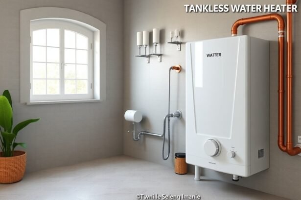 Átfolyós vízmelegítő modern fürdőszobában, energiatakarékos megoldás.