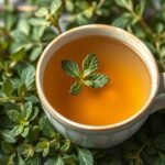 Friss oregánó tea bögre zöld oregánó levelekkel környezetben