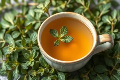 Friss oregánó tea bögre zöld oregánó levelekkel környezetben