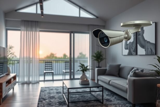 IP kamera otthonban, modern nappalival és világító teraszsal