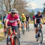 Csoport kerékpárosok edzés közben egy napos úton.